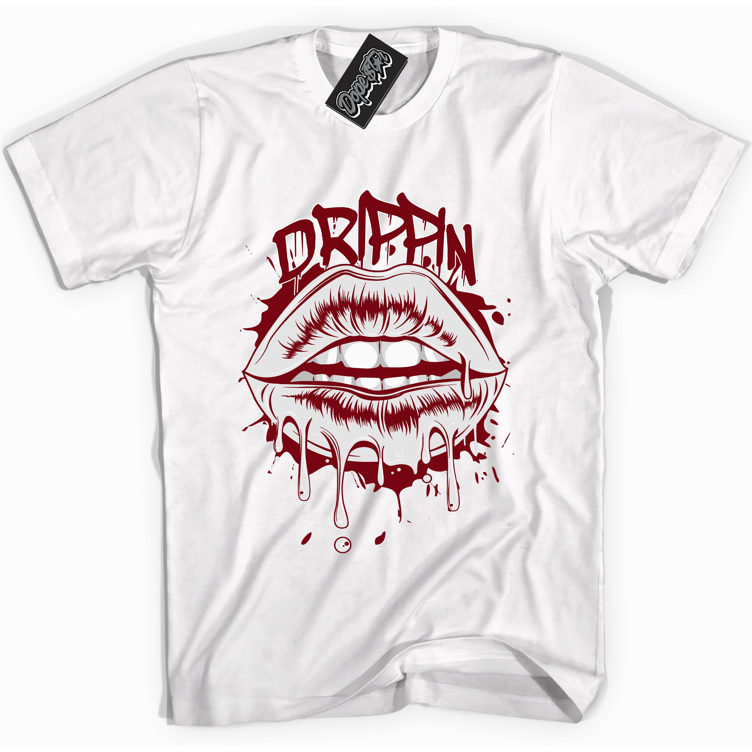 Cool White graphic tee with “ Drippin ” print, that perfectly matches OG Metallic Burgundy 1s sneakers 