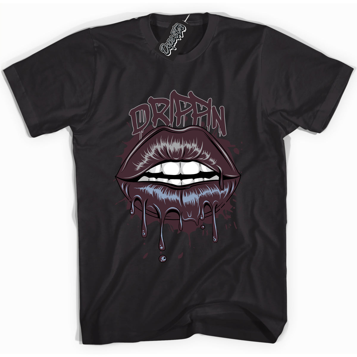 Cool Black Shirt with “ Drippin” design that perfectly matches Burgundy 5s Sneakers.