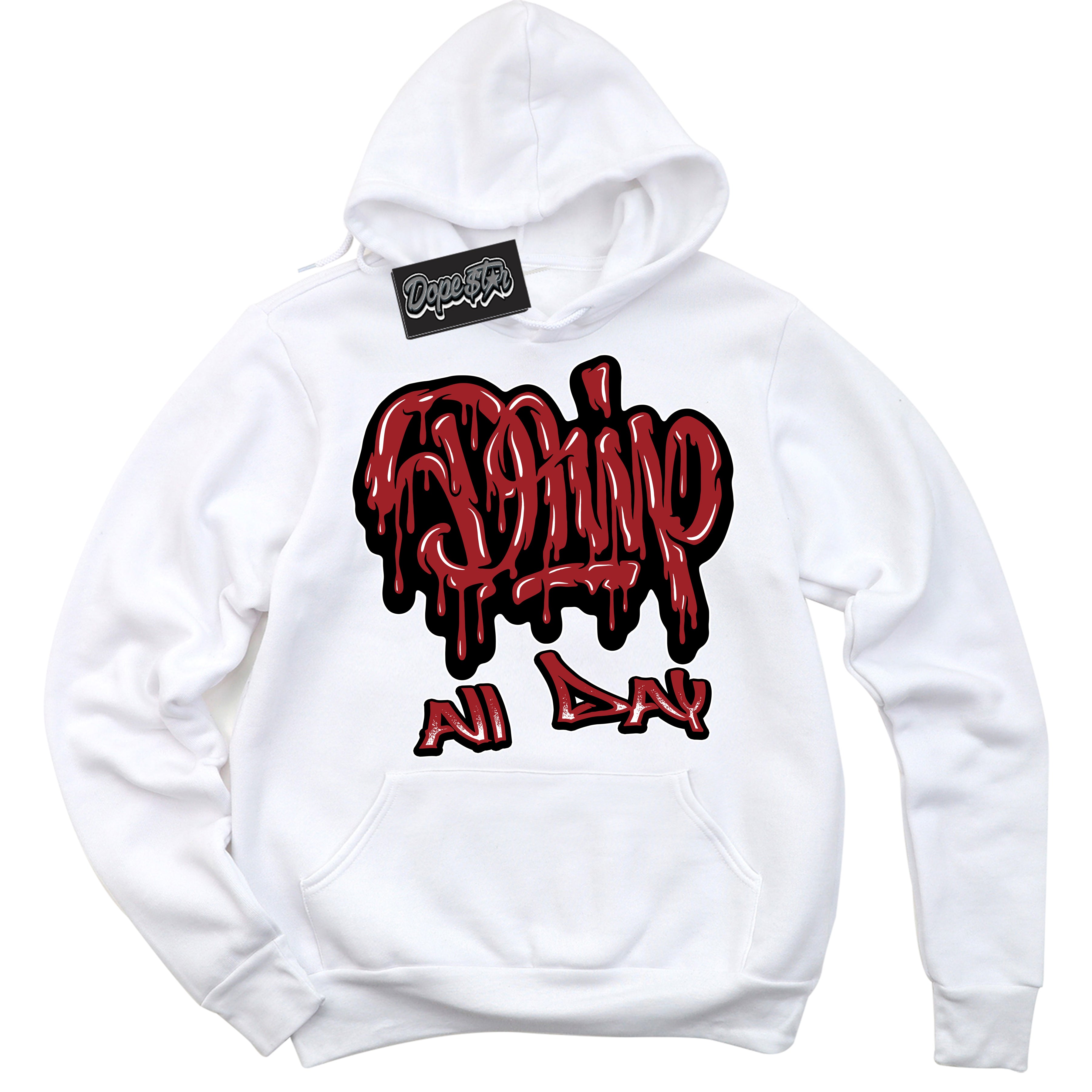 Cool White Hoodie With “ Drip All Day “  Design That Perfectly Matches Lost And Found 1s Sneakers.