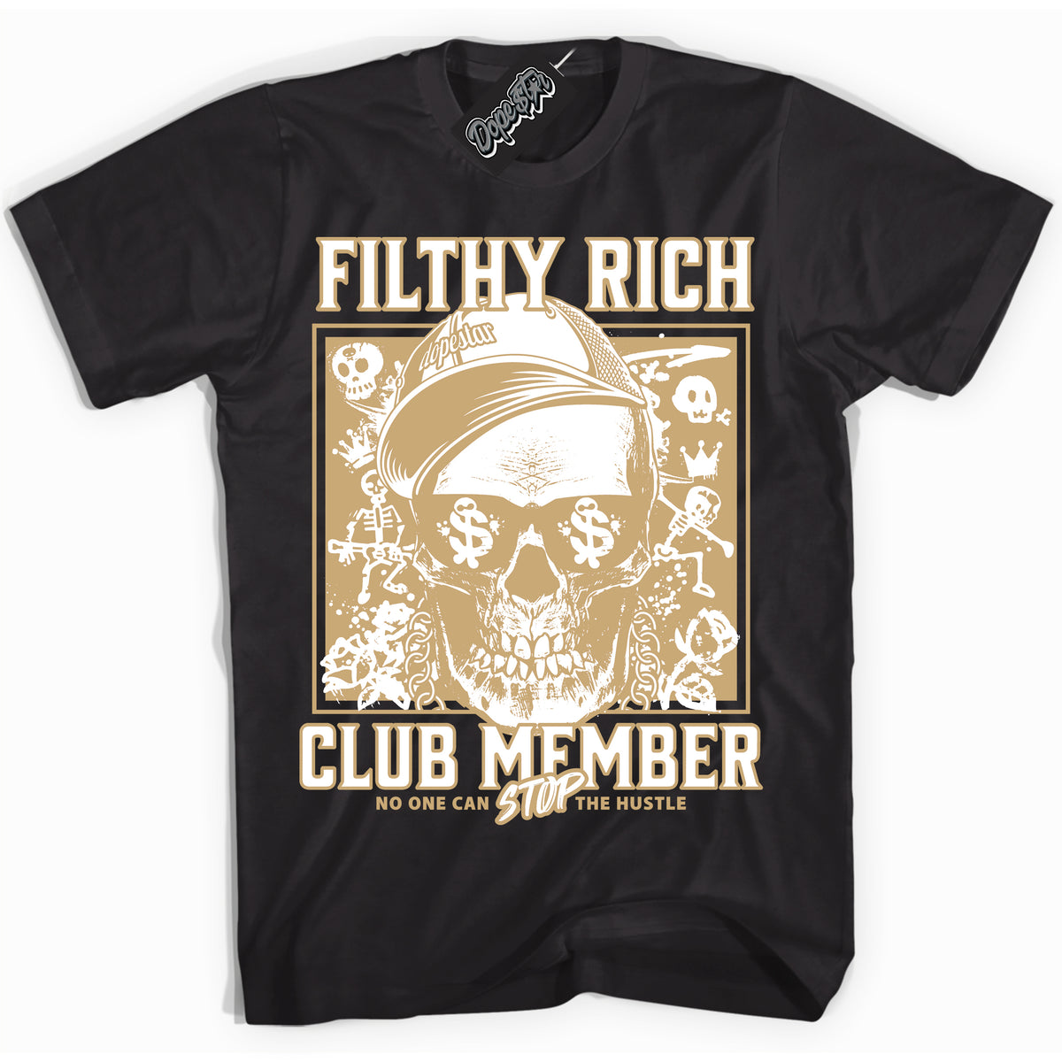 Jordan MVP White Metallic Gold ‘Filthy Rich’ – Black Streetwear T-Shirt | Sneaker Matching shirt for Jordan MVP White Metallic Gold | Men's and Women's Streetwear Graphic Tee by Sneaker Shirts Outlet.
