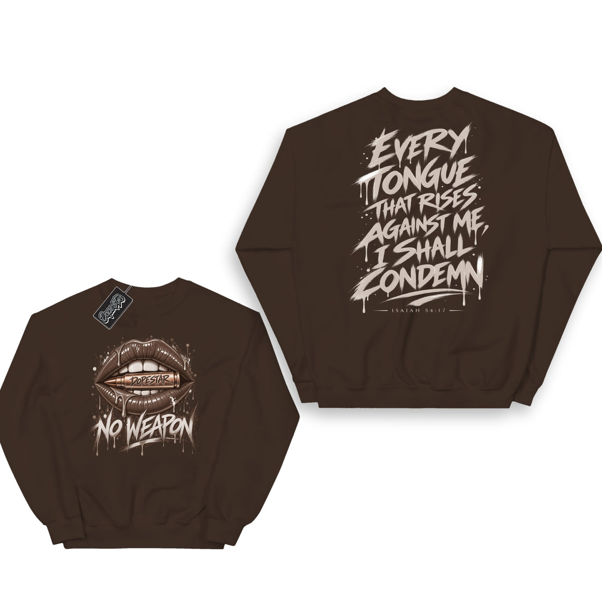 No Weapon Fireside 12s sweatshirt in dark chocolate, front and back