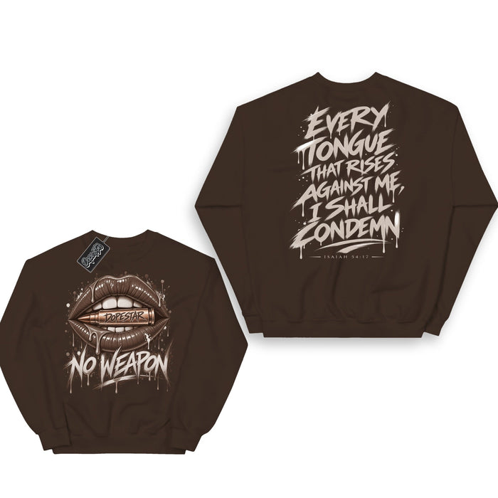 No Weapon Fireside 12s sweatshirt in dark chocolate, front and back
