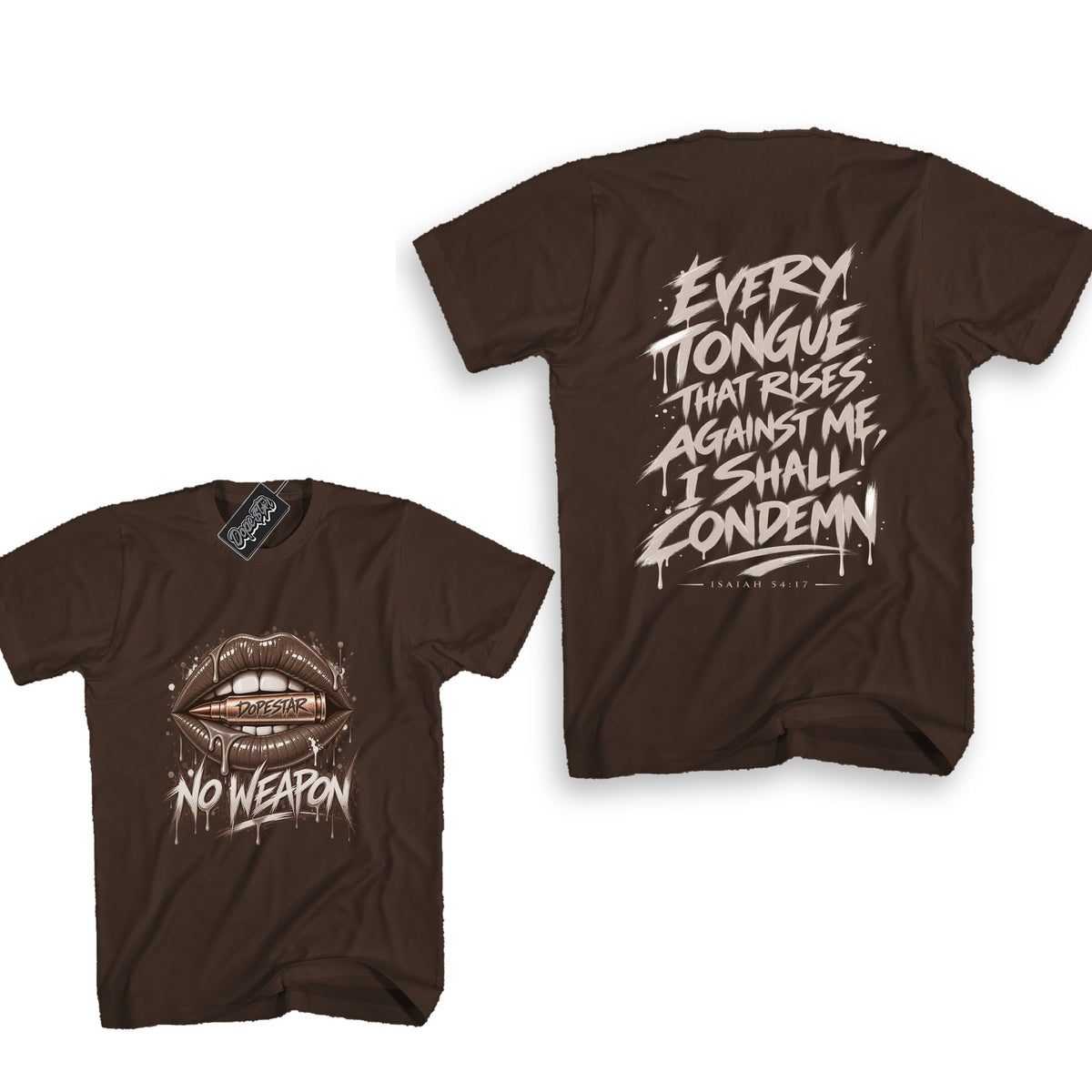 No Weapon Fireside 12s tee in dark chocolate, front and back