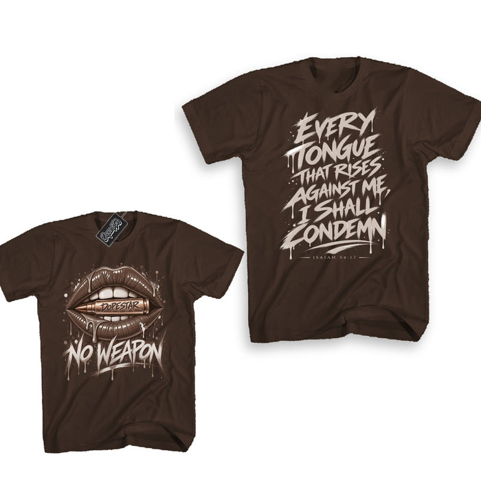 No Weapon Fireside 12s tee in dark chocolate, front and back