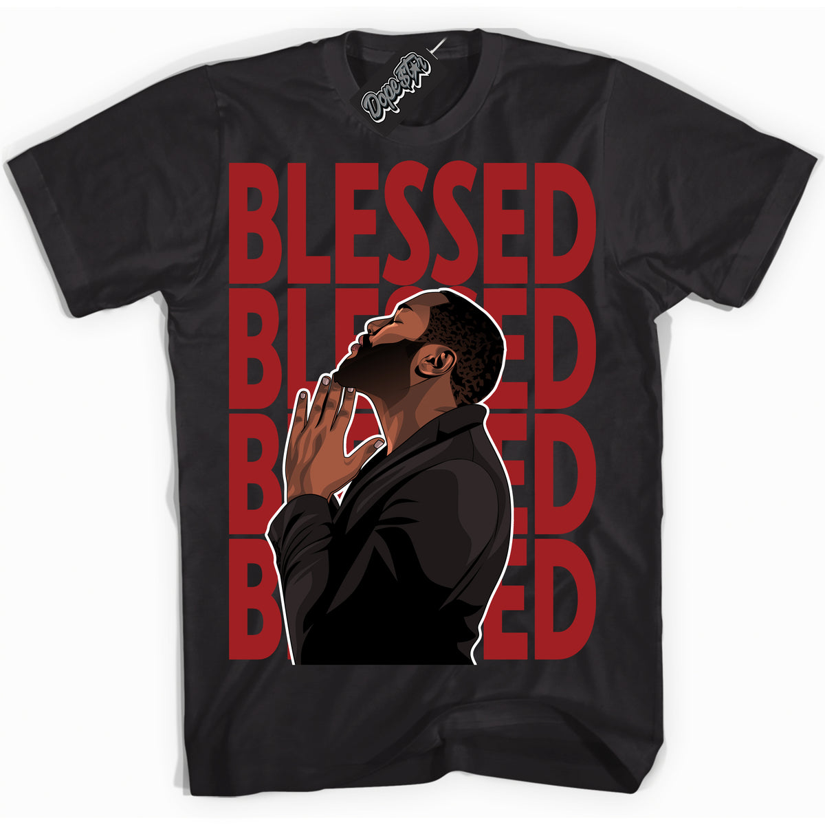 Cool Black graphic tee with “ God Blessed ” print, that perfectly matches Lost And Found 1s sneakers 
