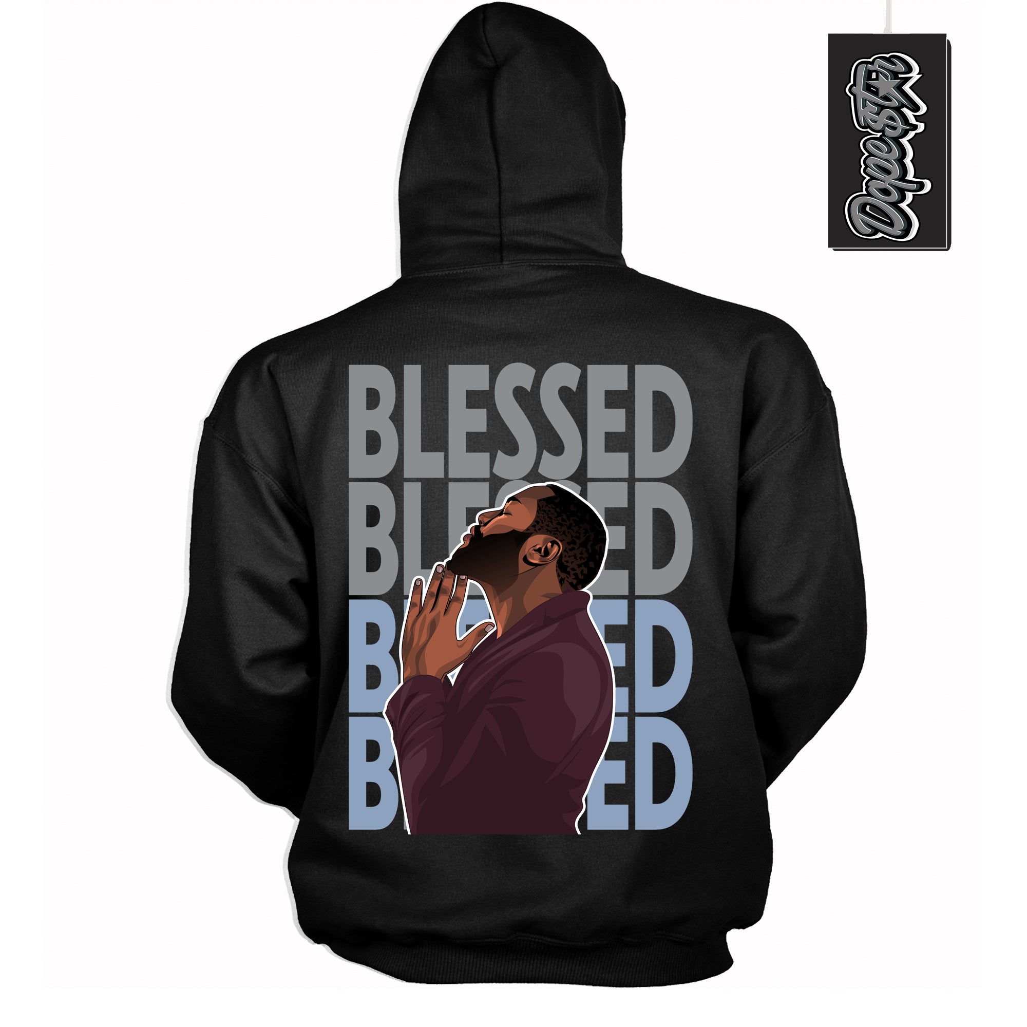 Cool Black Hoodie with “ God Blessed ”  design that Perfectly Matches Burgundy 5s Sneakers.