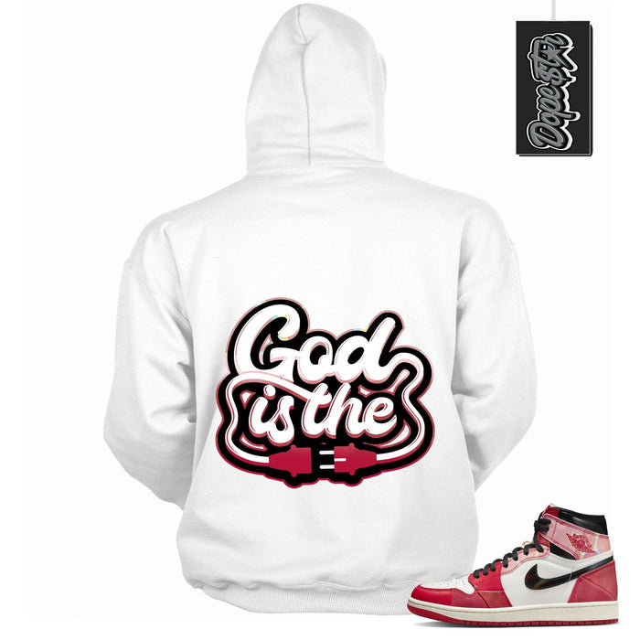 Cool White Graphic Hoodie with “ GOD IS THE “ print, that perfectly matches AIR JORDAN 1 Retro High OG NEXT CHAPTER SPIDER-VERSE sneakers