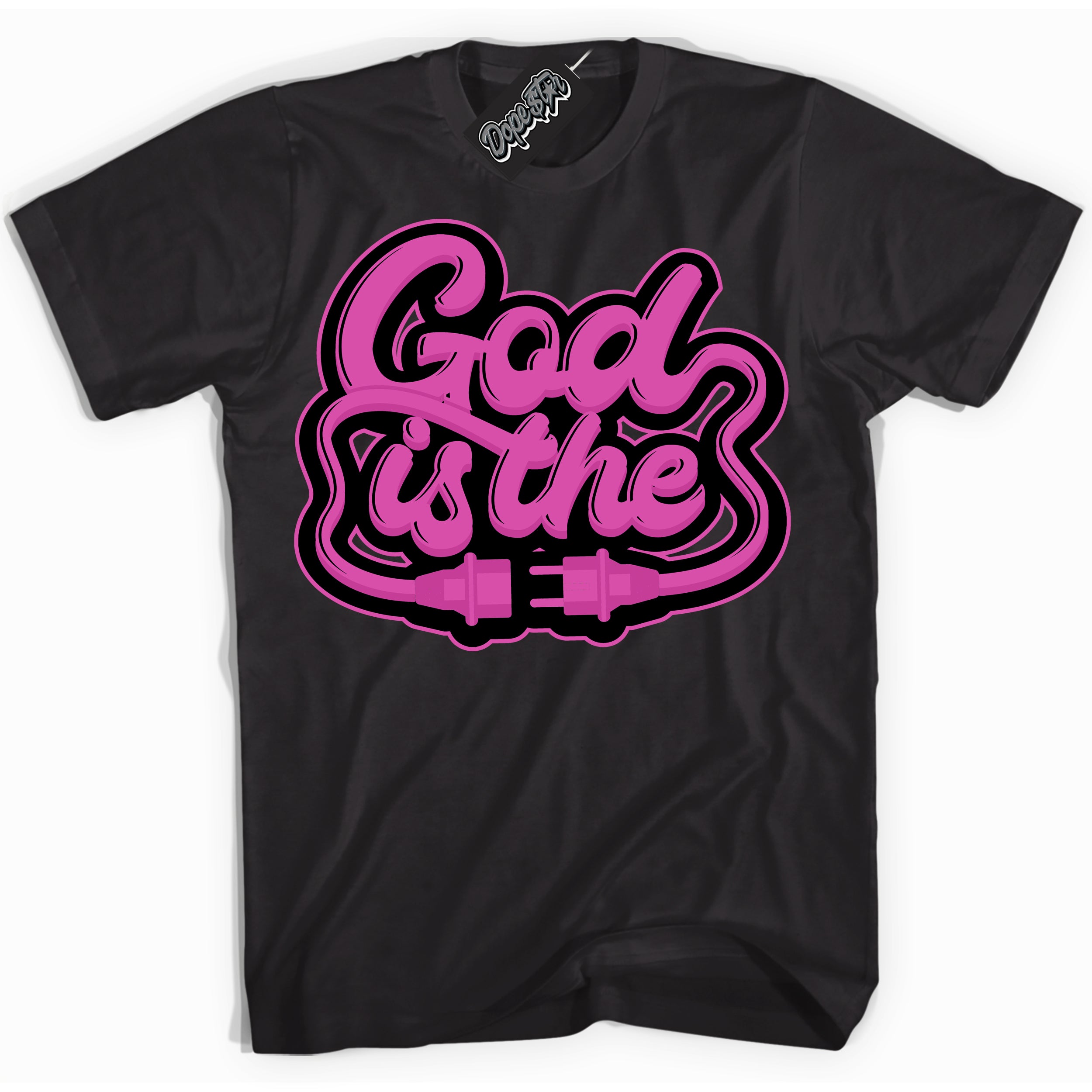 Black T-shirt with playful pink and black "God Is The" graphic, made to match Air Max 1 Valentine's Day sneakers | Sneaker Shirts Outlet