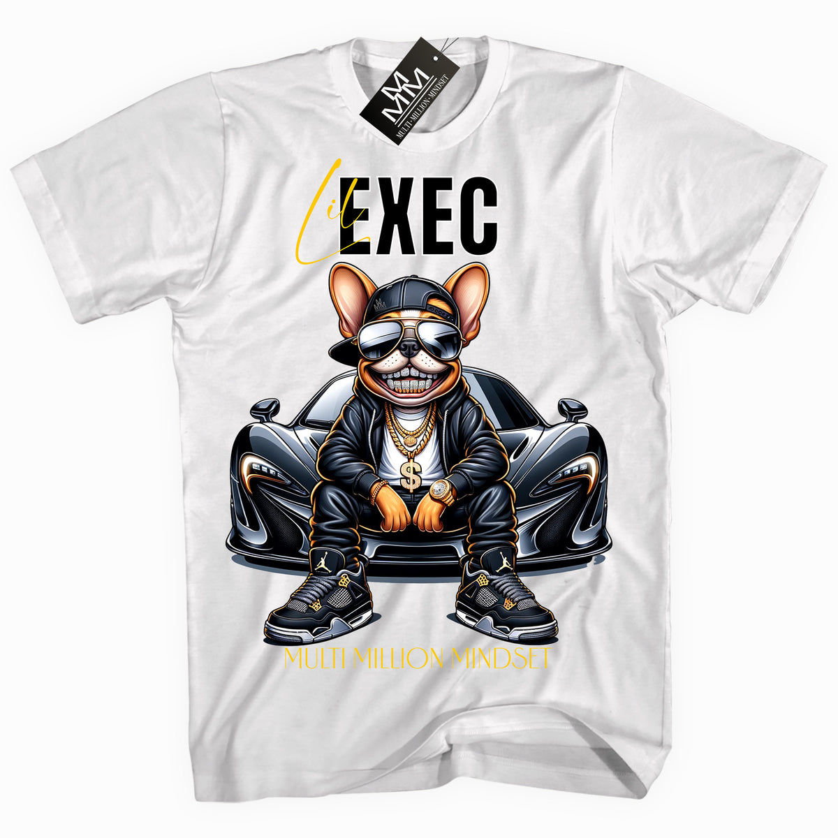 Mind Blowin lil EXEC® Grillin Grind Frenchie Graphic White Tee By Multi Million Mindset®