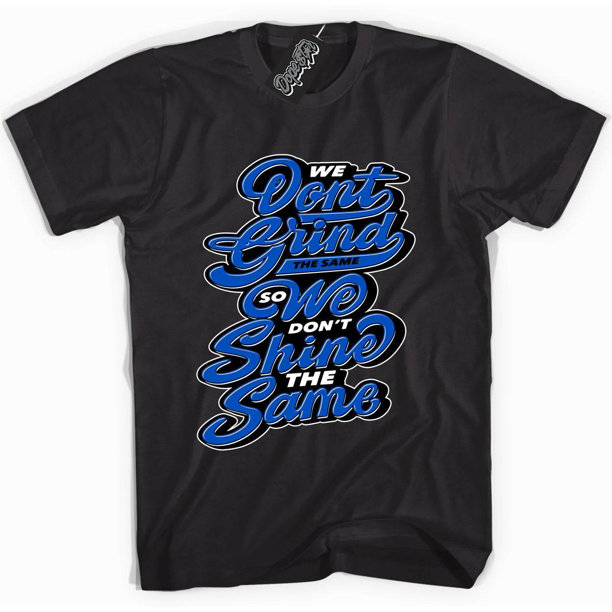 Cool Black graphic tee with Grind Shine print, that perfectly matches OG Royal Reimagined 1s sneakers 