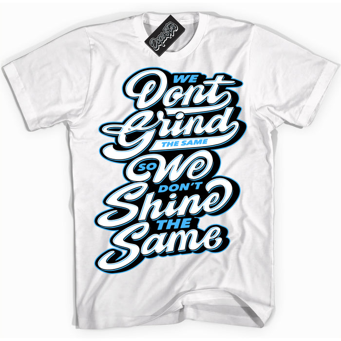 Cool White graphic tee with “ Grind Shine ” design, that perfectly matches Powder Blue 9s sneakers 