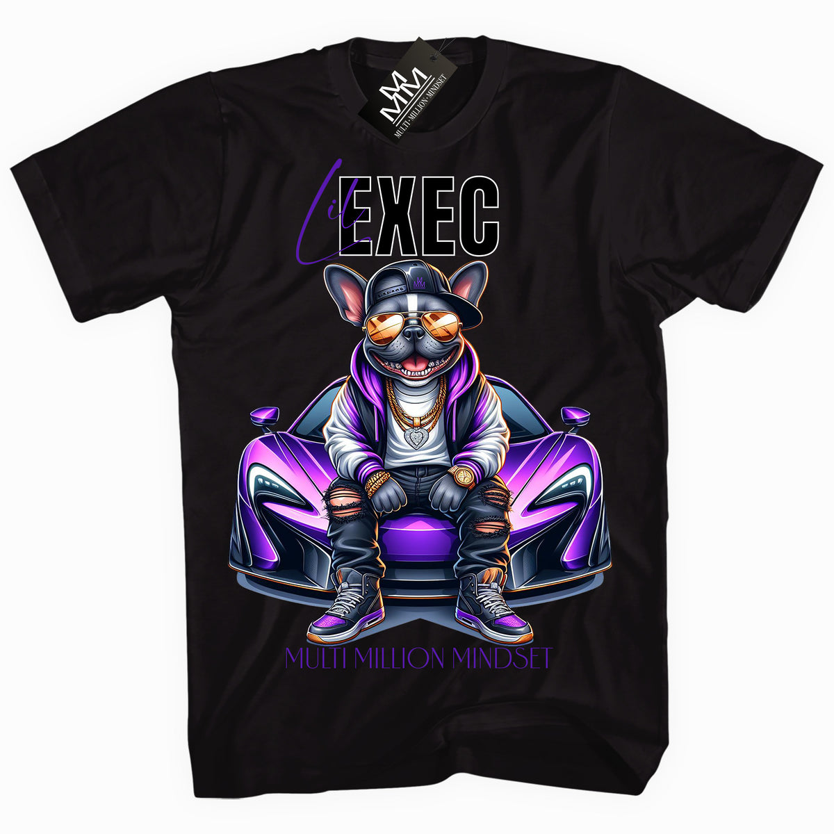 Mind Blowin lil EXEC® Grindin Bright Frenchie Graphic Black Tee By Multi Million Mindset®