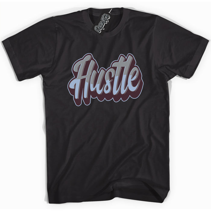 Cool Black Shirt with “ Hustle” design that perfectly matches Burgundy 5s Sneakers.