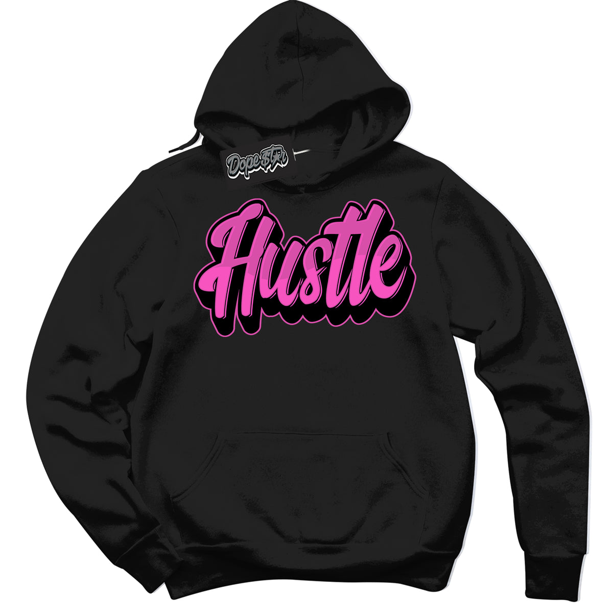 Black Hoodie with playful pink and black "Hustle" graphic, made to match Air Max 1 Valentine's Day sneakers | Sneaker Shirts Outlet
