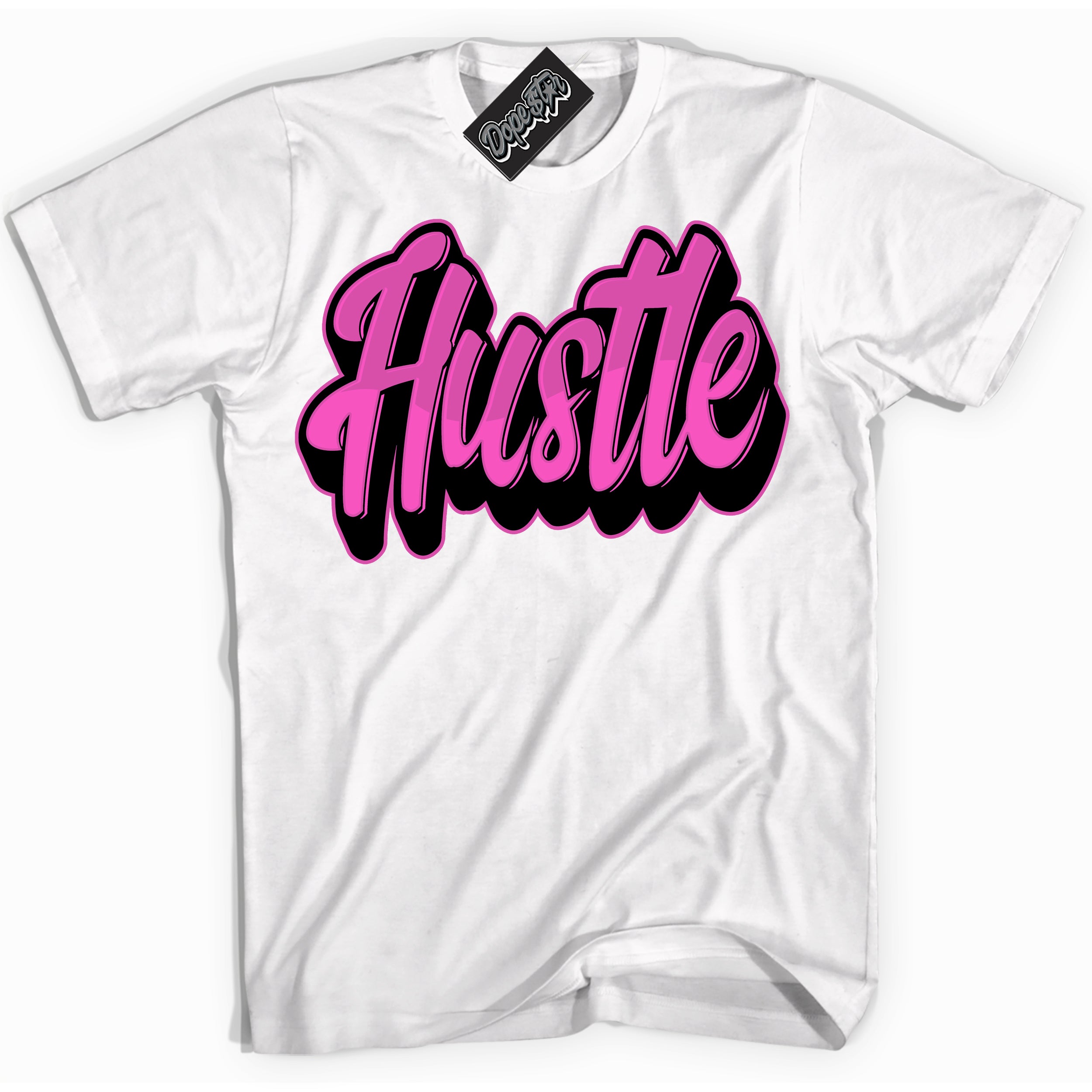 White T-shirt with playful pink and black "Hustle" graphic, made to match Air Max 1 Valentine's Day sneakers | Sneaker Shirts Outlet
