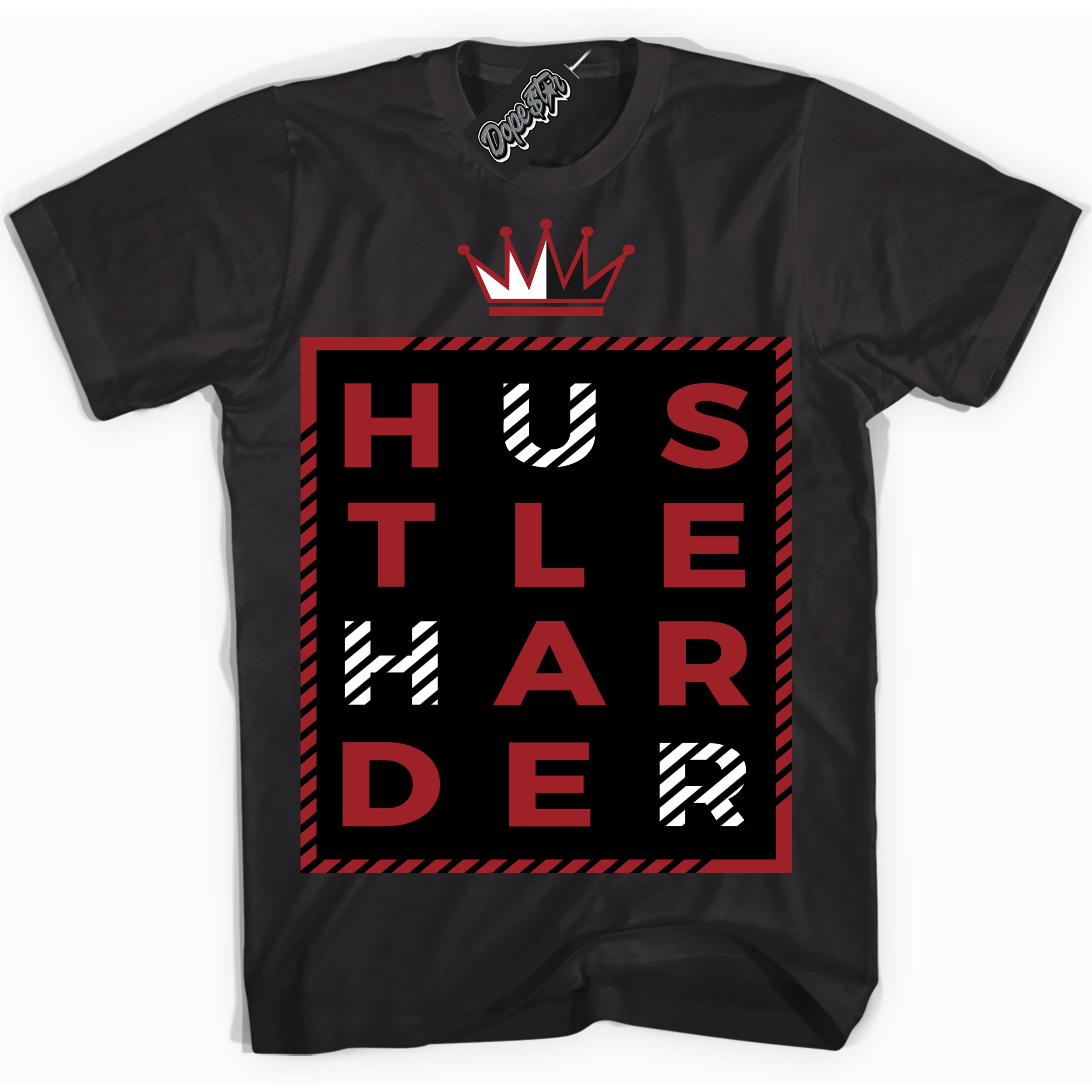 Cool Black graphic tee with “ Hustle Harder ” print, that perfectly matches Lost And Found 1s sneakers 