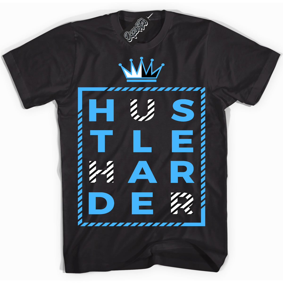 Cool Black graphic tee with “ Hustle Harder ” design, that perfectly matches Powder Blue 9s sneakers 