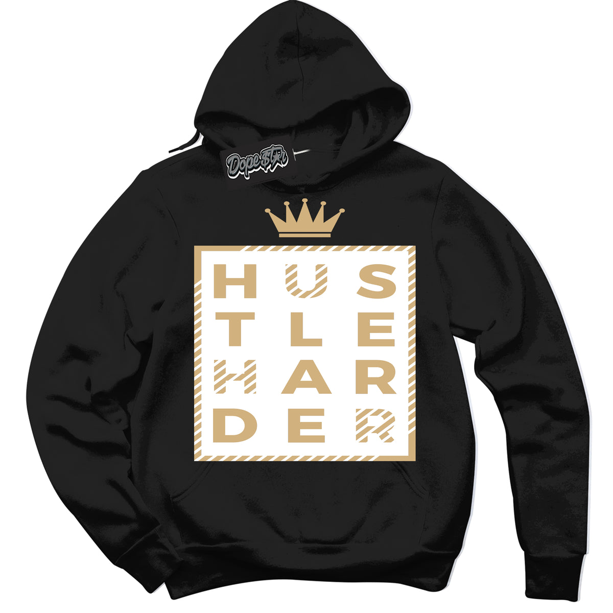 Jordan MVP White Metallic Gold ‘Hustle Harder’ – Black Streetwear Hoodie | Sneaker Matching sweatshirt for Jordan MVP White Metallic Gold | Men's and Women's Streetwear Graphic Hoodie by Sneaker Shirts Outlet
