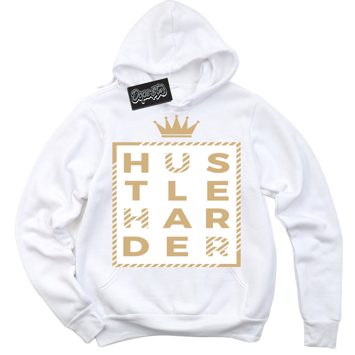 Jordan MVP White Metallic Gold ‘Hustle Harder’ – White Streetwear Hoodie | Sneaker Matching sweatshirt for Jordan MVP White Metallic Gold | Men's and Women's Streetwear Graphic Hoodie by Sneaker Shirts Outlet

