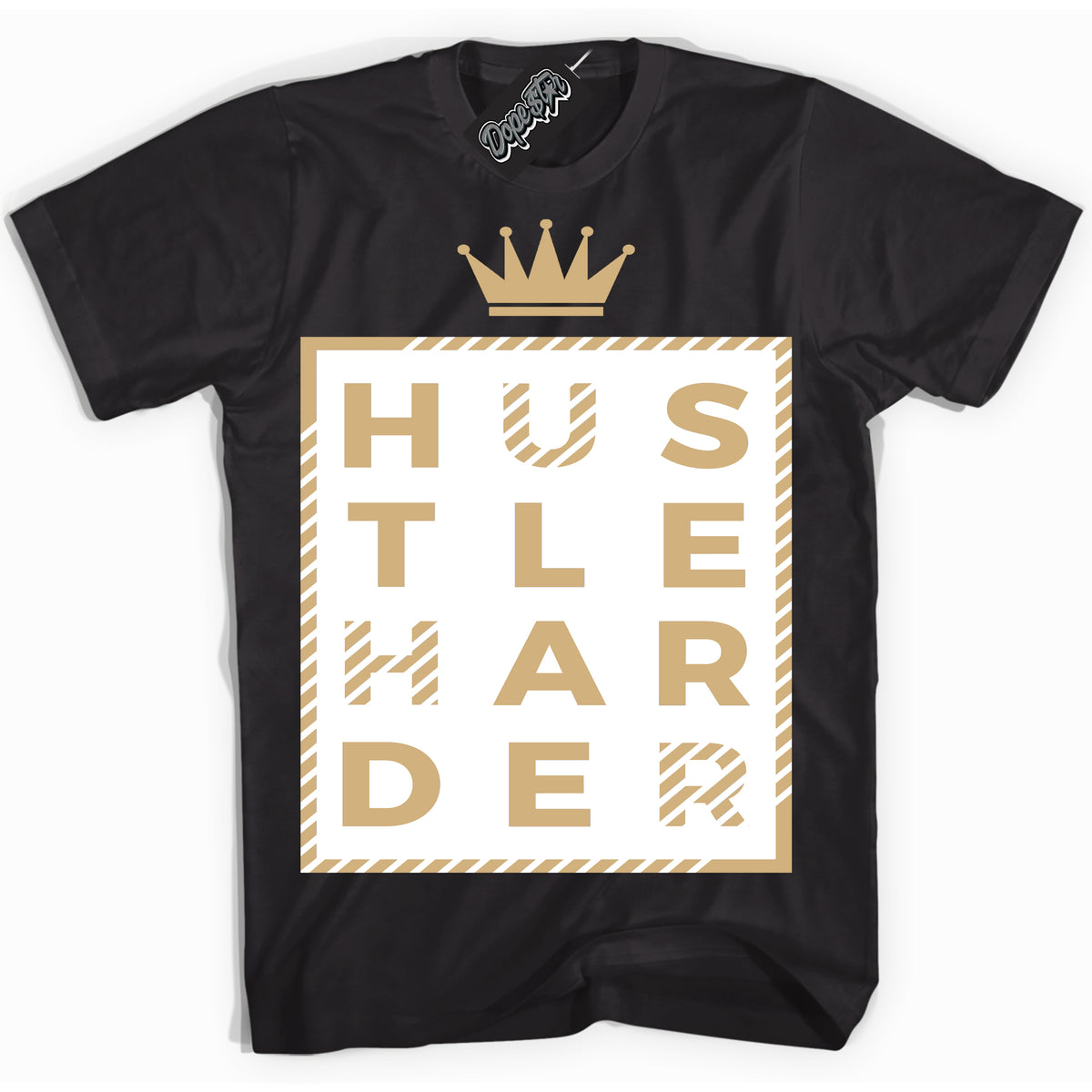 Jordan MVP White Metallic Gold ‘Hustle Harder’ – Black Streetwear T-Shirt | Sneaker Matching shirt for Jordan MVP White Metallic Gold | Men's and Women's Streetwear Graphic Tee by Sneaker Shirts Outlet.
