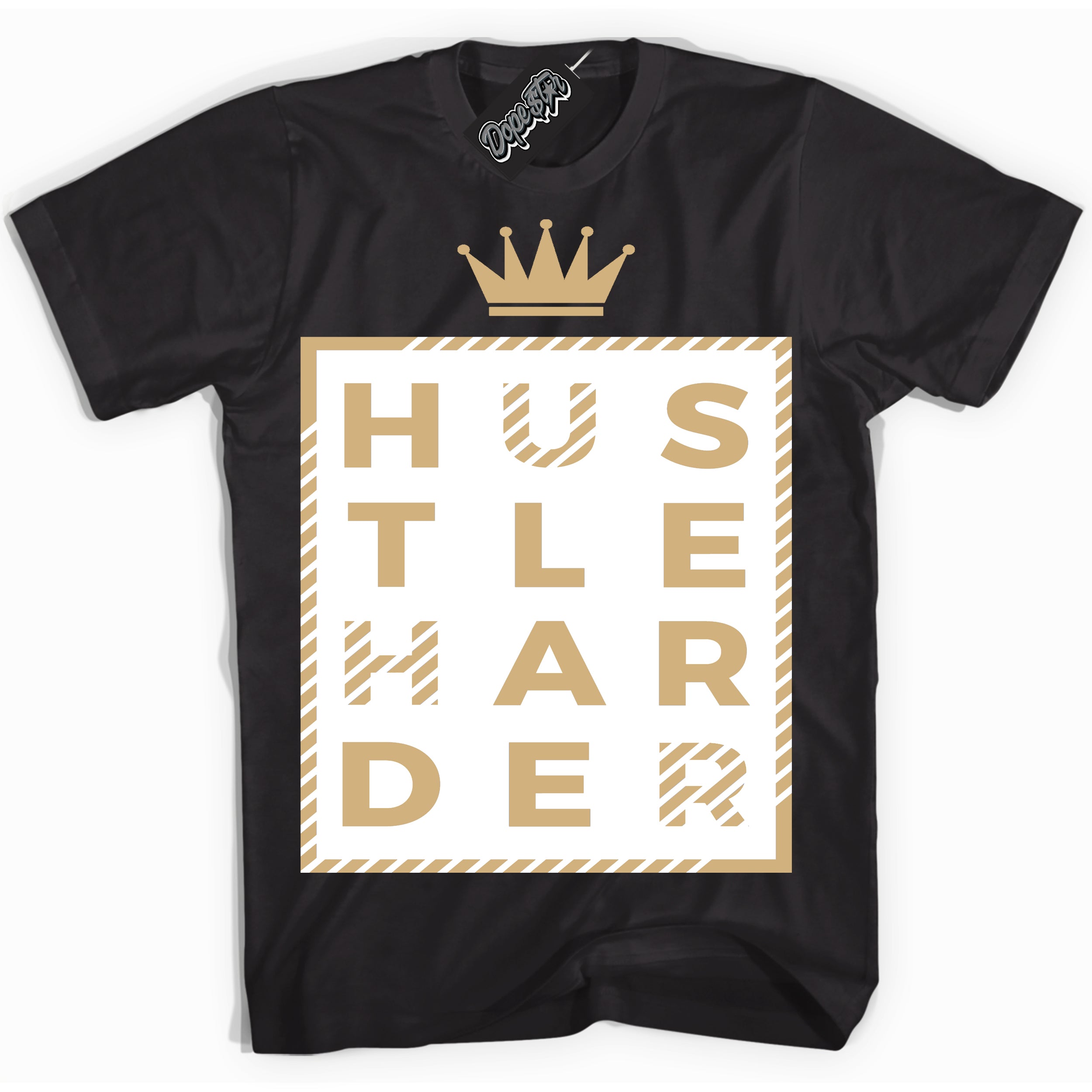 Jordan MVP White Metallic Gold ‘Hustle Harder’ – Black Streetwear T-Shirt | Sneaker Matching shirt for Jordan MVP White Metallic Gold | Men's and Women's Streetwear Graphic Tee by Sneaker Shirts Outlet.
