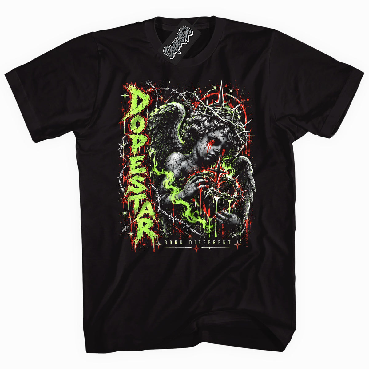 Born Different graphic tee to match Jordan 5 Halloween, black shirt with slime green and red print