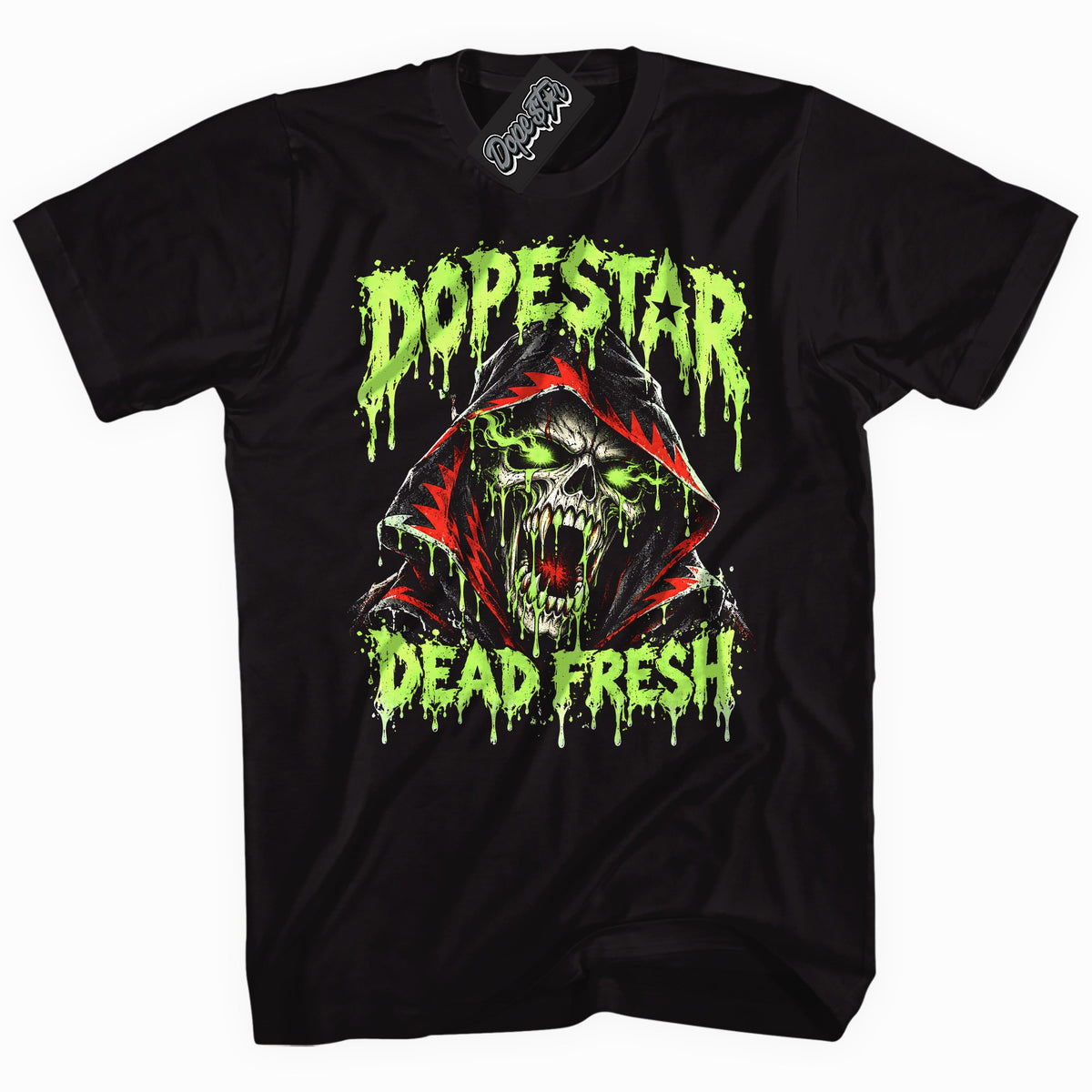 Dead Fresh graphic tee to match Jordan 5 Halloween, black tee with slime green and red print