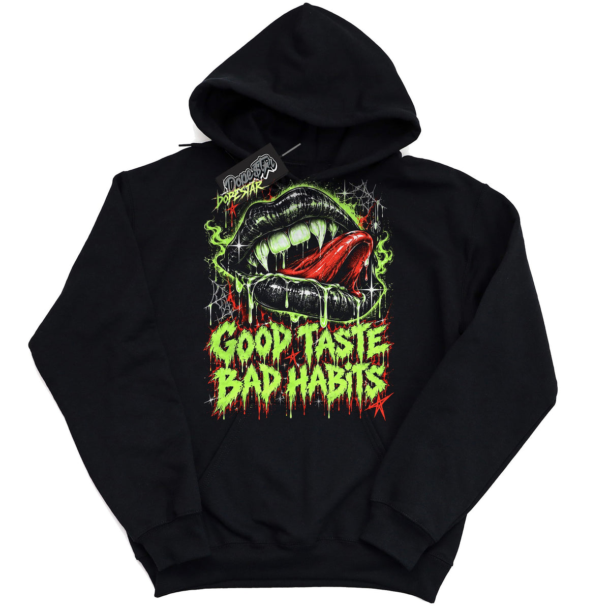 Good Taste Bad Habits graphic hoodie to match Jordan 5 Halloween, black hoodie with slime green and red print