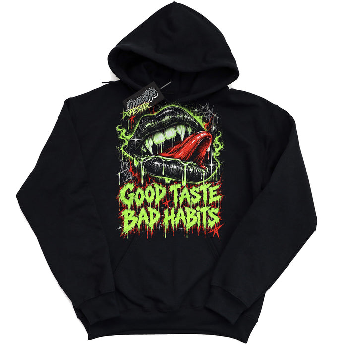 Good Taste Bad Habits graphic hoodie to match Jordan 5 Halloween, black hoodie with slime green and red print
