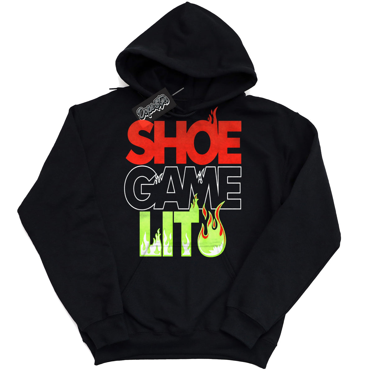 Shoe Game Lit graphic hoodie to match Jordan 5 Halloween, black hoodie with slime green and red print
