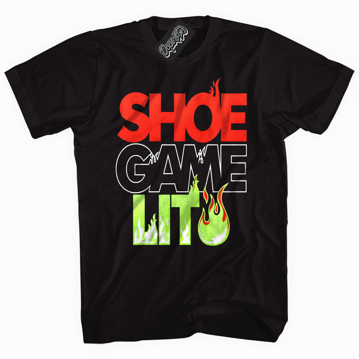 Shoe Game Lit graphic tee to match Jordan 5 Halloween, black tee with slime green and red print