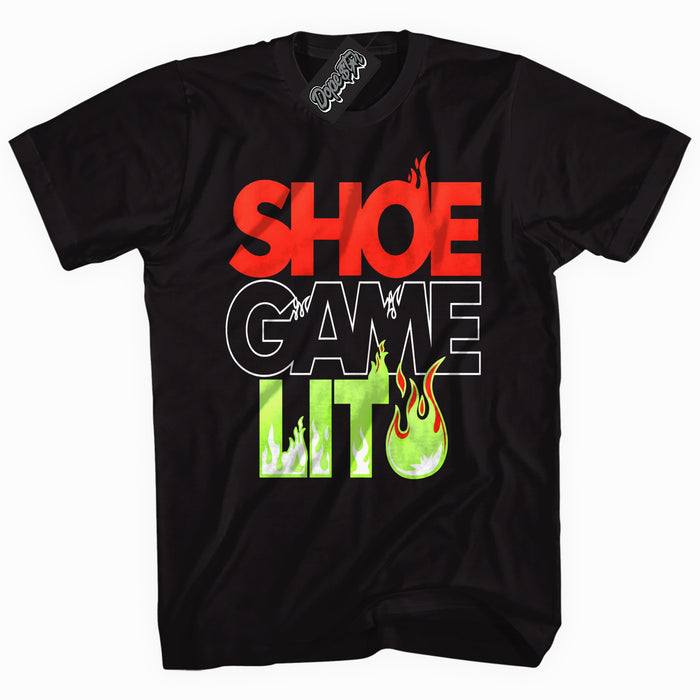 Shoe Game Lit graphic tee to match Jordan 5 Halloween, black tee with slime green and red print