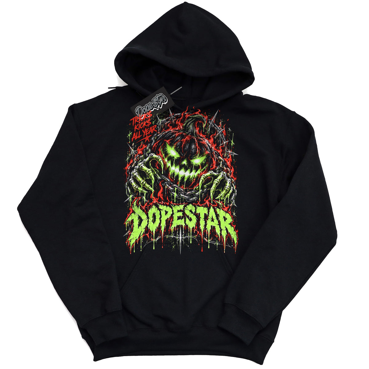 Tricks Kicks All Year graphic hoodie to match Jordan 5 Halloween, black hoodie with slime green and red print