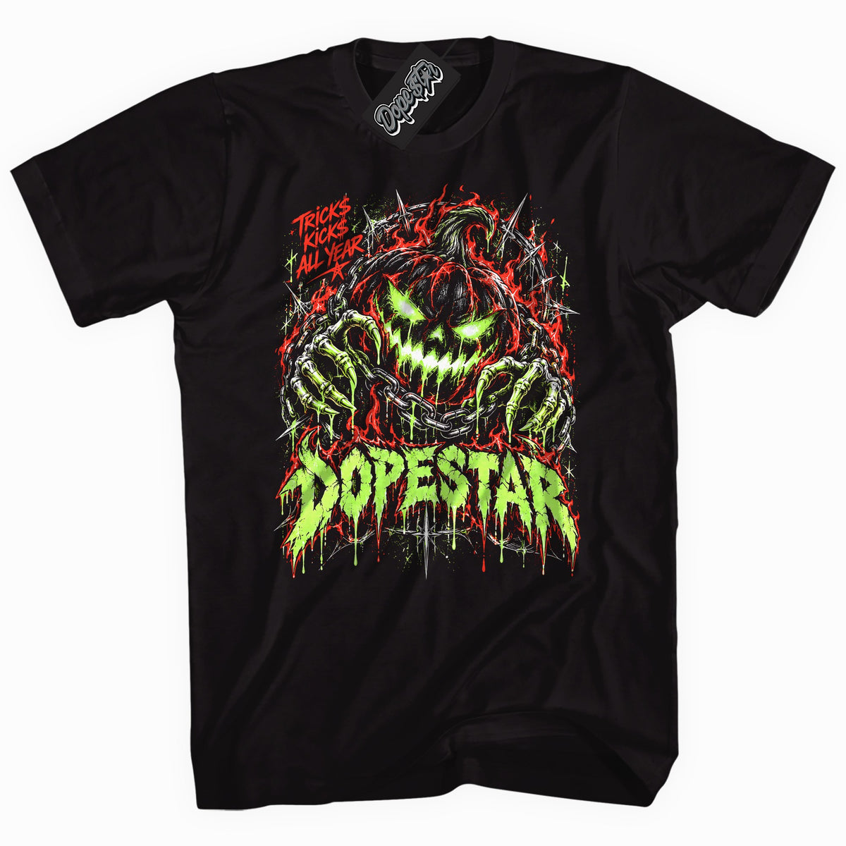 Tricks Kicks All Year graphic tee to match Jordan 5 Halloween, black tee with slime green and red print