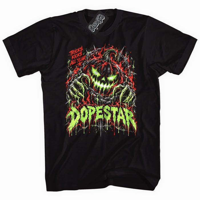 Tricks Kicks All Year graphic tee to match Jordan 5 Halloween, black tee with slime green and red print