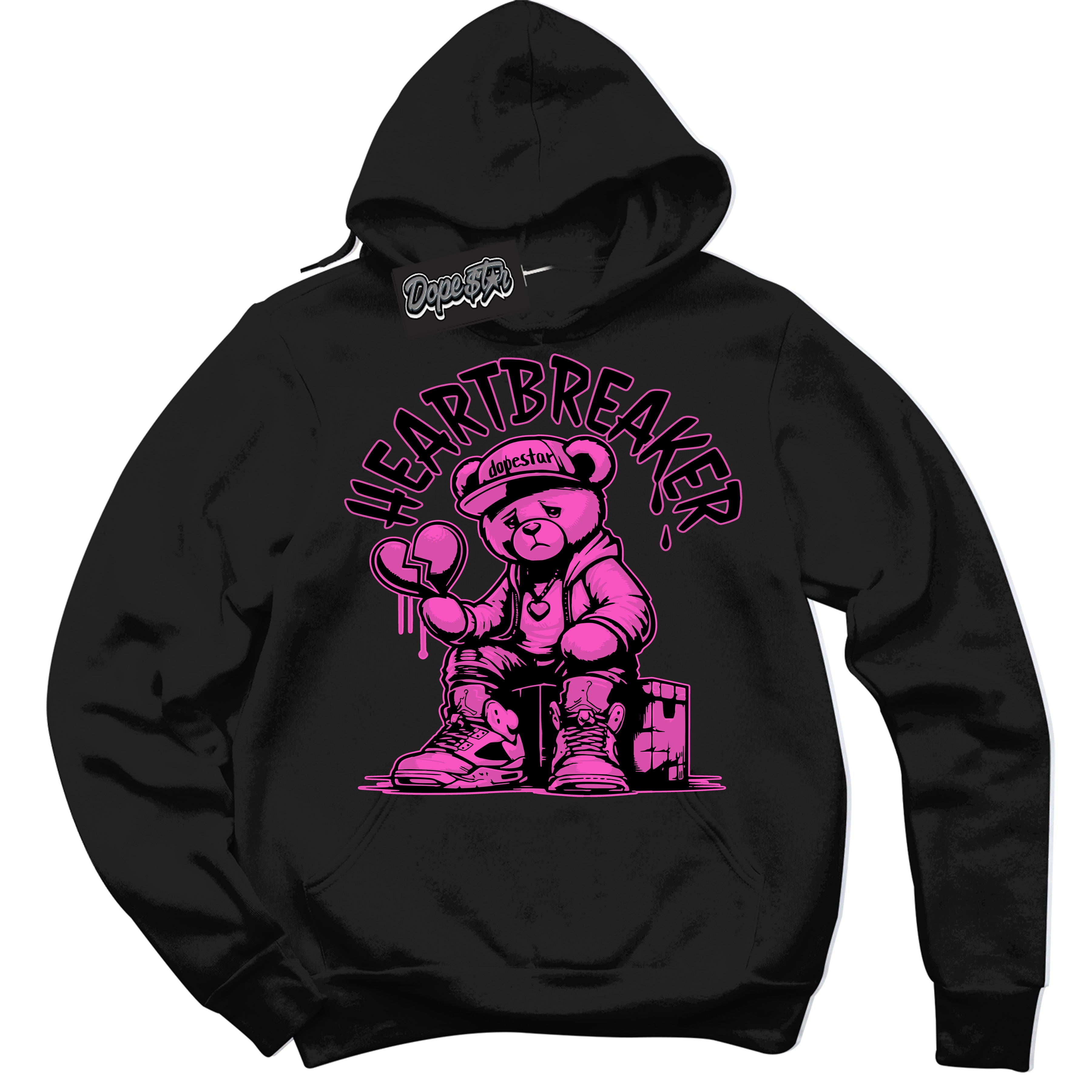 Black Hoodie with playful pink and black "Heartbreaker Bear" graphic, made to match Air Max 1 Valentine's Day sneakers | Sneaker Shirts Outlet