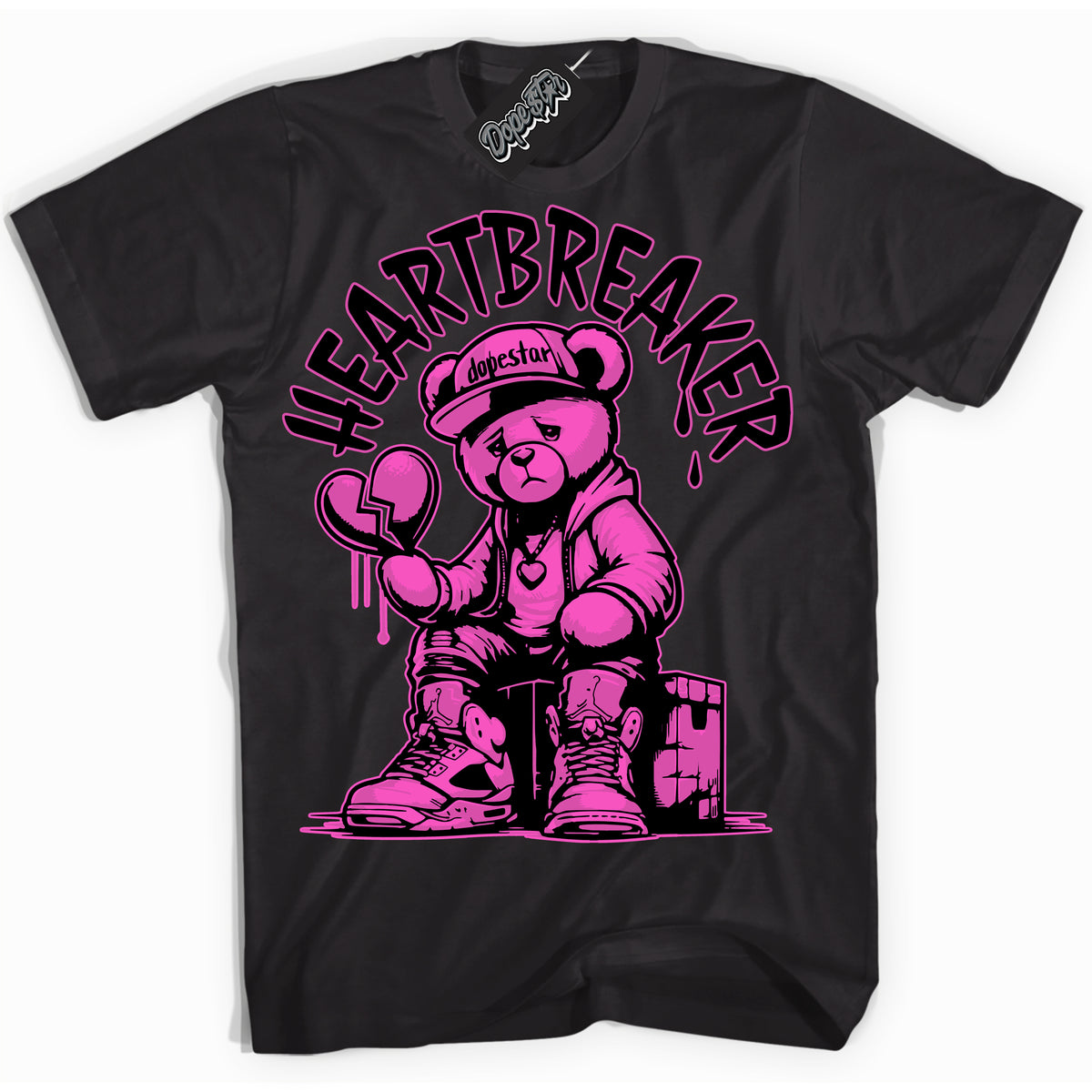 Black T-shirt with playful pink and black "Heartbreaker Bear" graphic, made to match Air Max 1 Valentine's Day sneakers | Sneaker Shirts Outlet
