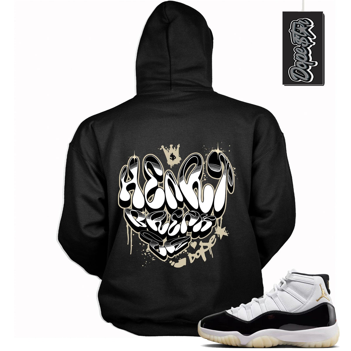 Cool Black Graphic Hoodie with “ Heartbreaker Graffiti “ print, that perfectly matches AIR JORDAN 11 RETRO GRATITUDE sneakers
