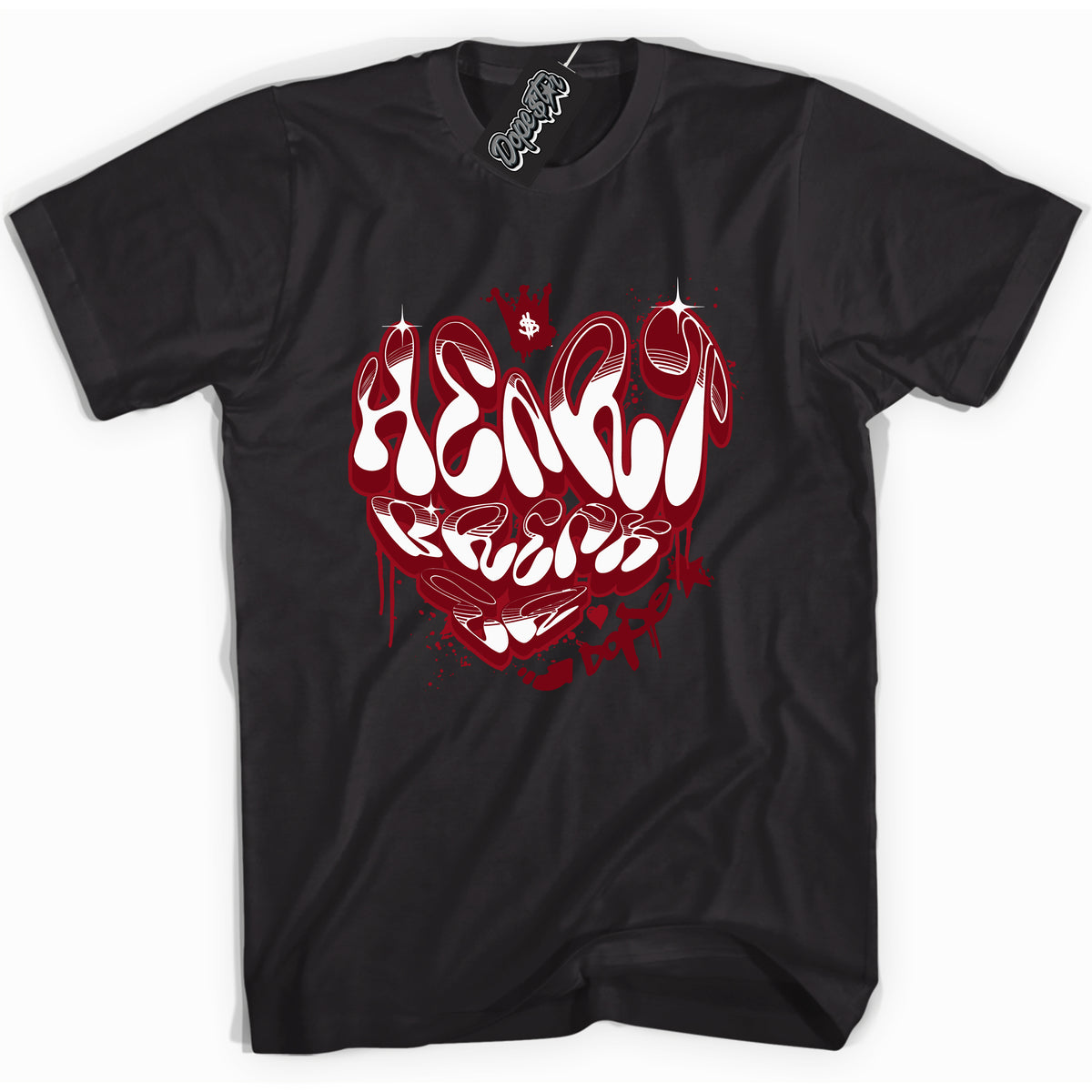 Cool Black graphic tee with “ Heartbreaker Graffiti ” print, that perfectly matches OG Metallic Burgundy 1s sneakers 