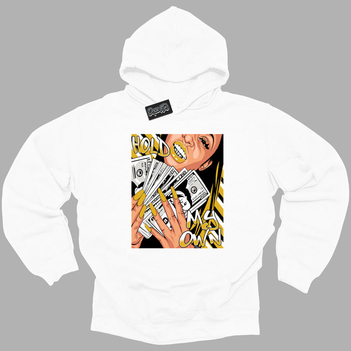 Cool White Hoodie with “ Hold My Own ”  design that Perfectly Matches Yellow Ochre 6s Sneakers.