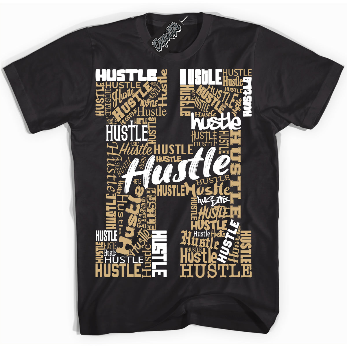 Jordan MVP White Metallic Gold ‘Hustle H’ – Black Streetwear T-Shirt | Sneaker Matching shirt for Jordan MVP White Metallic Gold | Men's and Women's Streetwear Graphic Tee by Sneaker Shirts Outlet.
