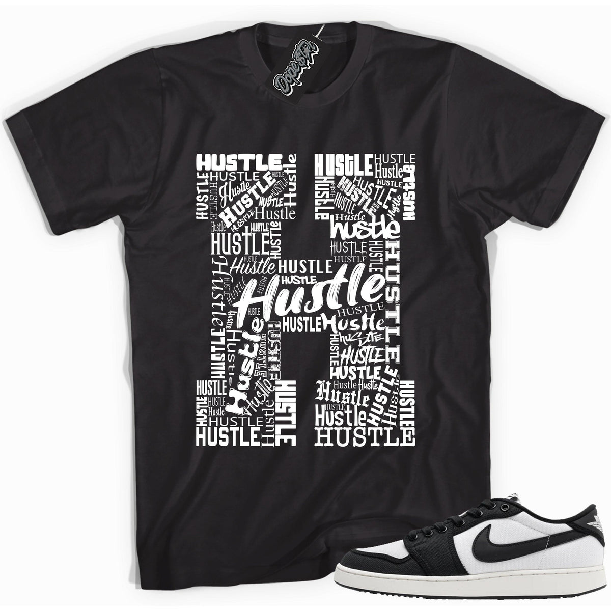 Cool black graphic tee with 'hustle' print, that perfectly matches Air Jordan 1 Retro Ajko Low Black & White sneakers.