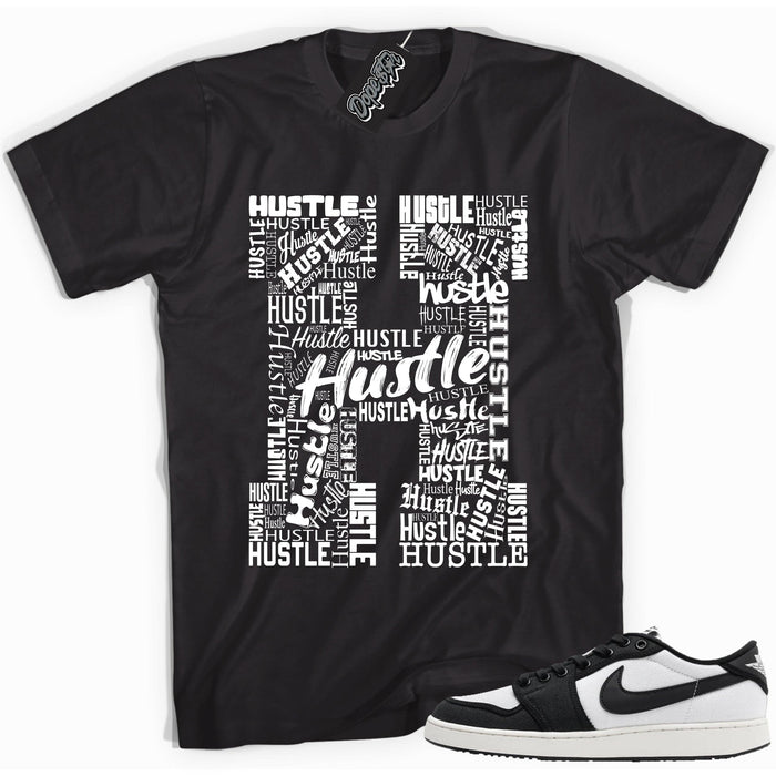 Cool black graphic tee with 'hustle' print, that perfectly matches Air Jordan 1 Retro Ajko Low Black & White sneakers.