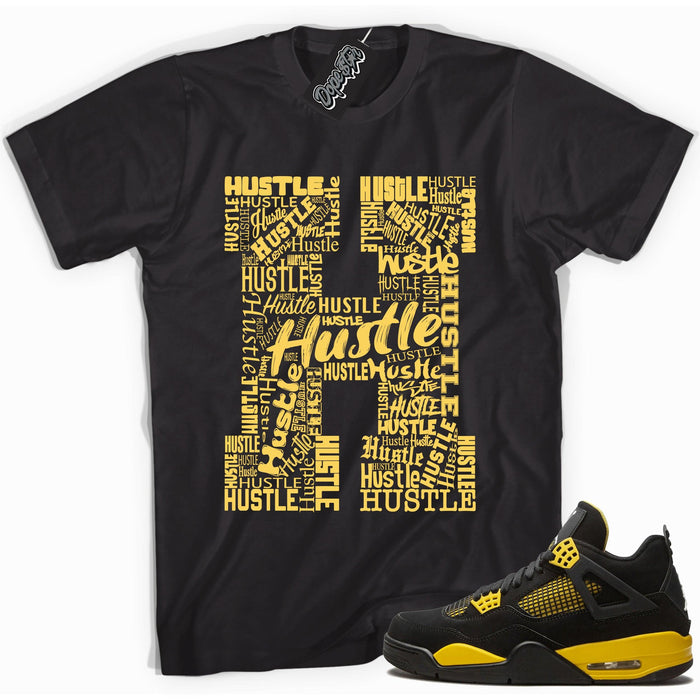 Cool black graphic tee with 'h for hustle' print, that perfectly matches  Air Jordan 4 Thunder sneakers