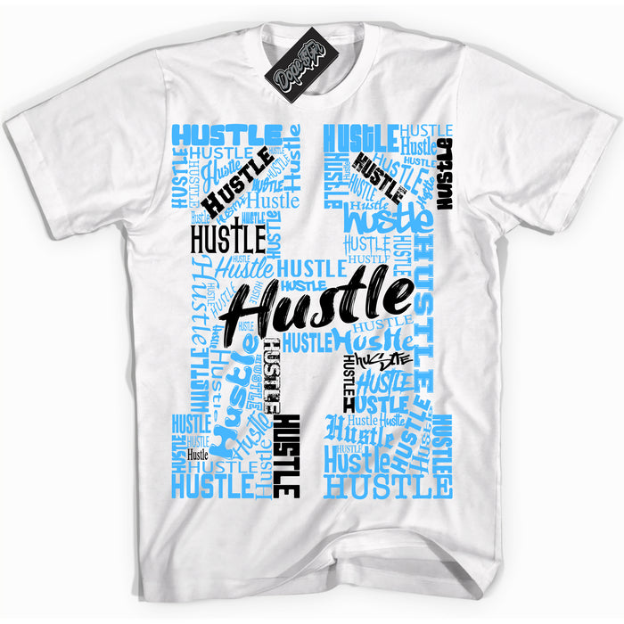 Cool White graphic tee with “ Hustle ” design, that perfectly matches Powder Blue 9s sneakers 