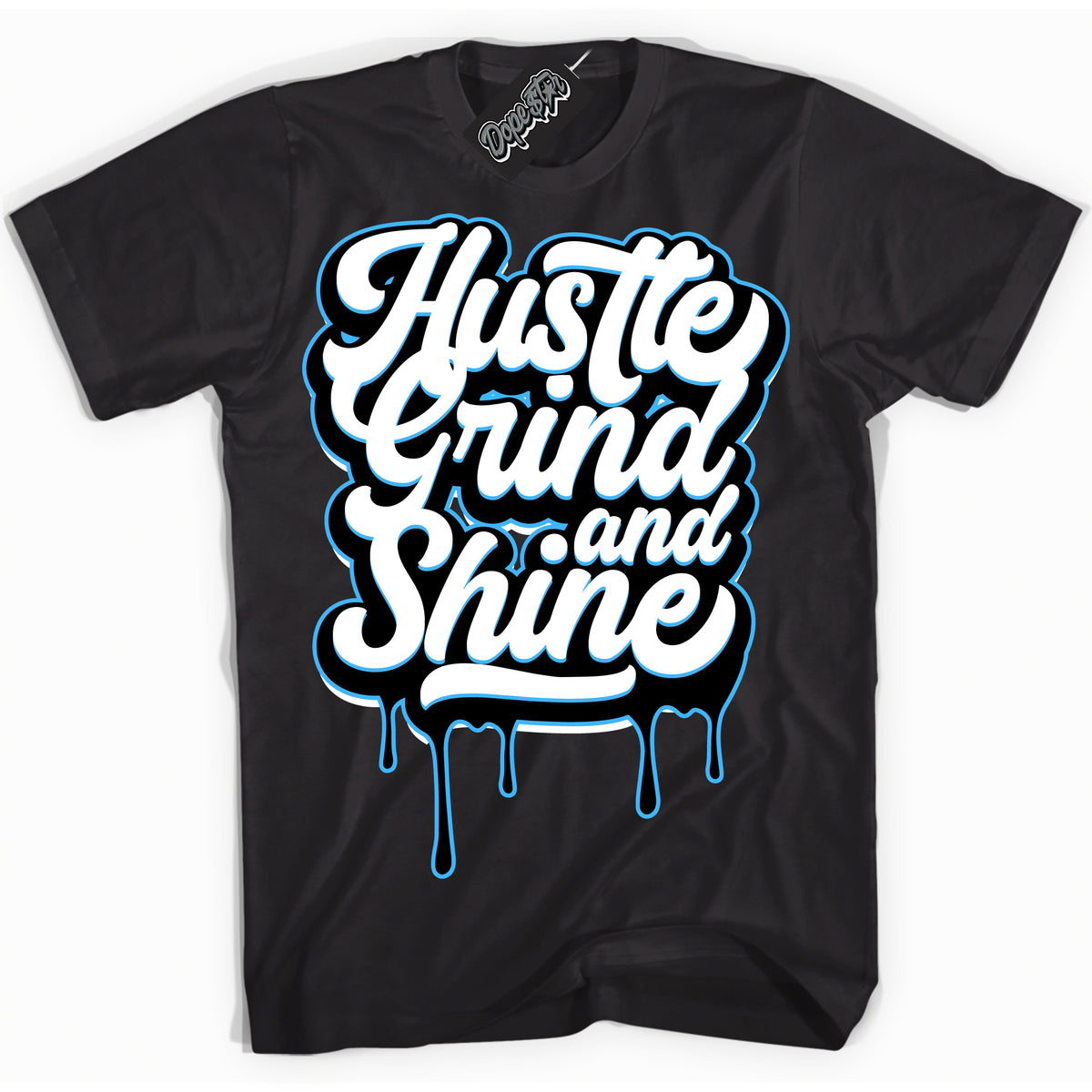 Cool Black graphic tee with “ Hustle Grind ” design, that perfectly matches Powder Blue 9s sneakers 