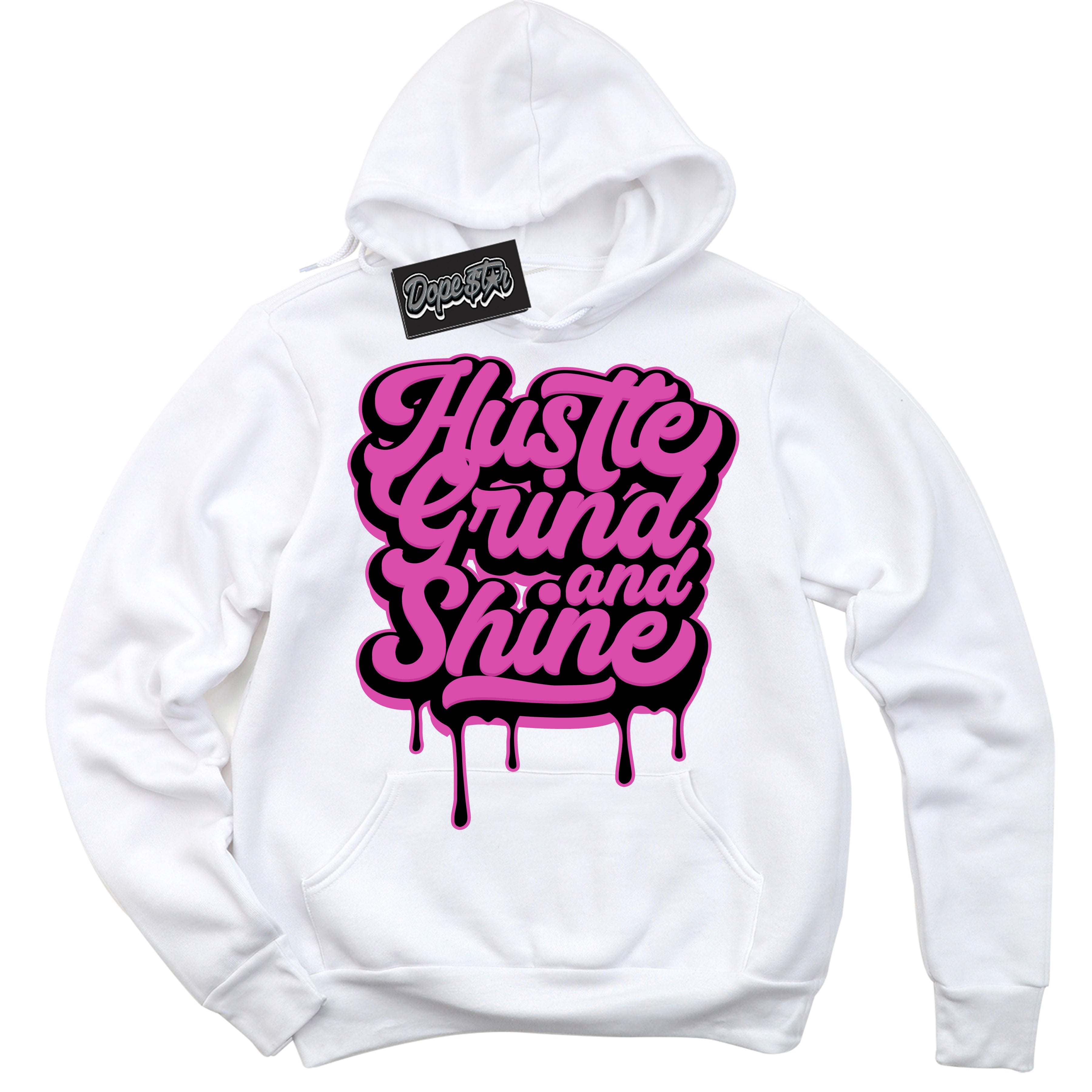 White Hoodie with playful pink and black "Hustle Grind And Shine" graphic, made to match Air Max 1 Valentine's Day sneakers | Sneaker Shirts Outlet
