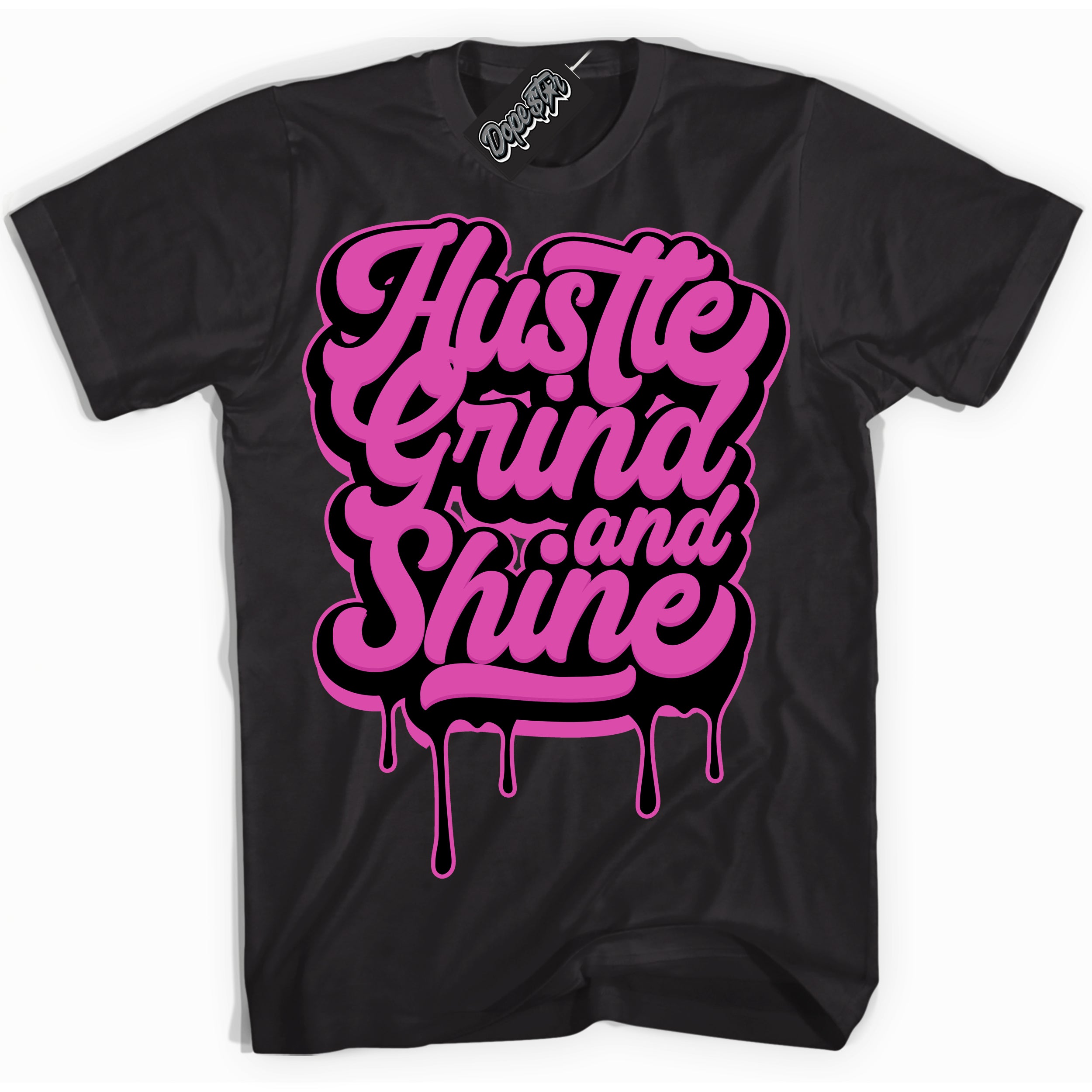 Black T-shirt with playful pink and black "Hustle Grind And Shine" graphic, made to match Air Max 1 Valentine's Day sneakers | Sneaker Shirts Outlet
