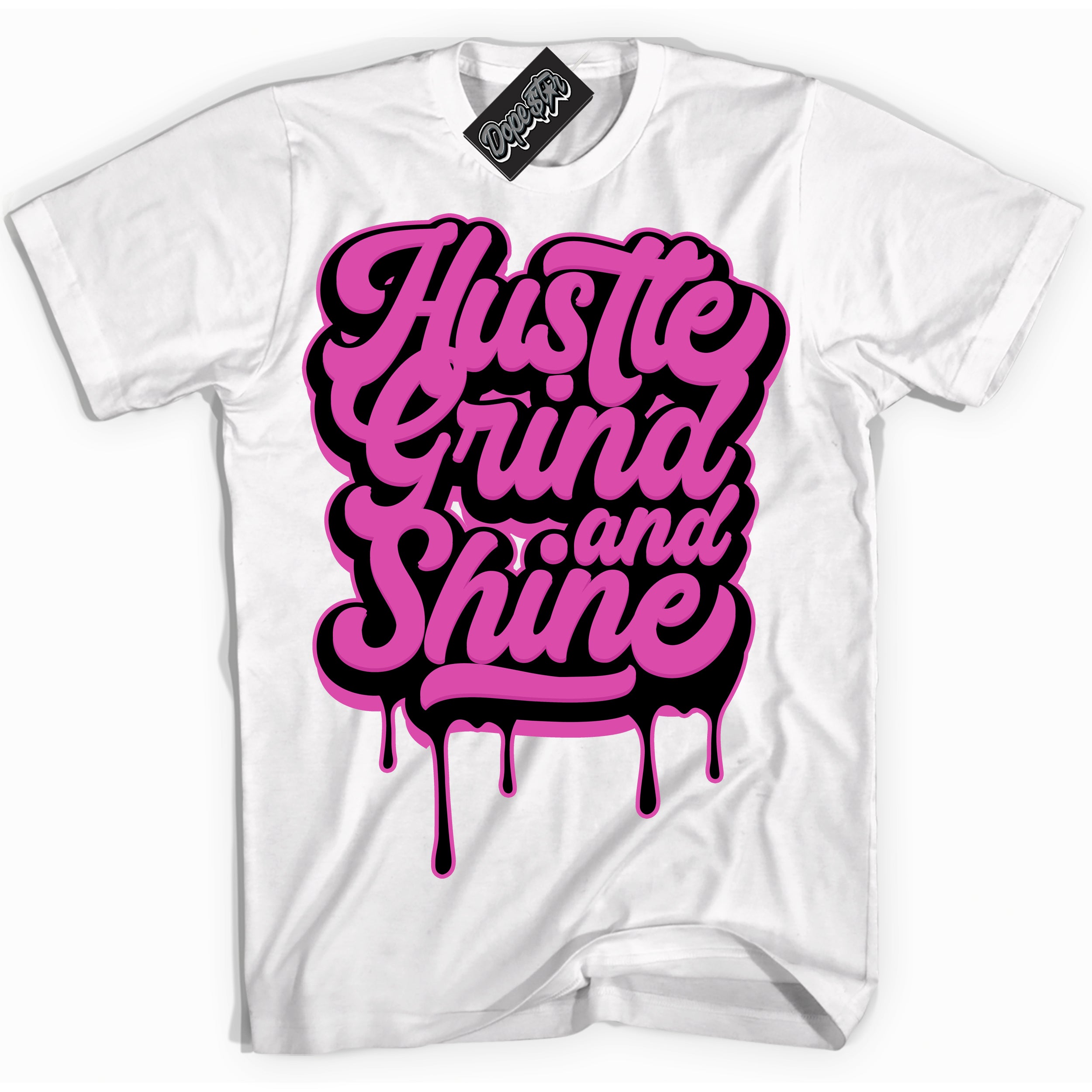 White T-shirt with playful pink and black "Hustle Grind And Shine" graphic, made to match Air Max 1 Valentine's Day sneakers | Sneaker Shirts Outlet

