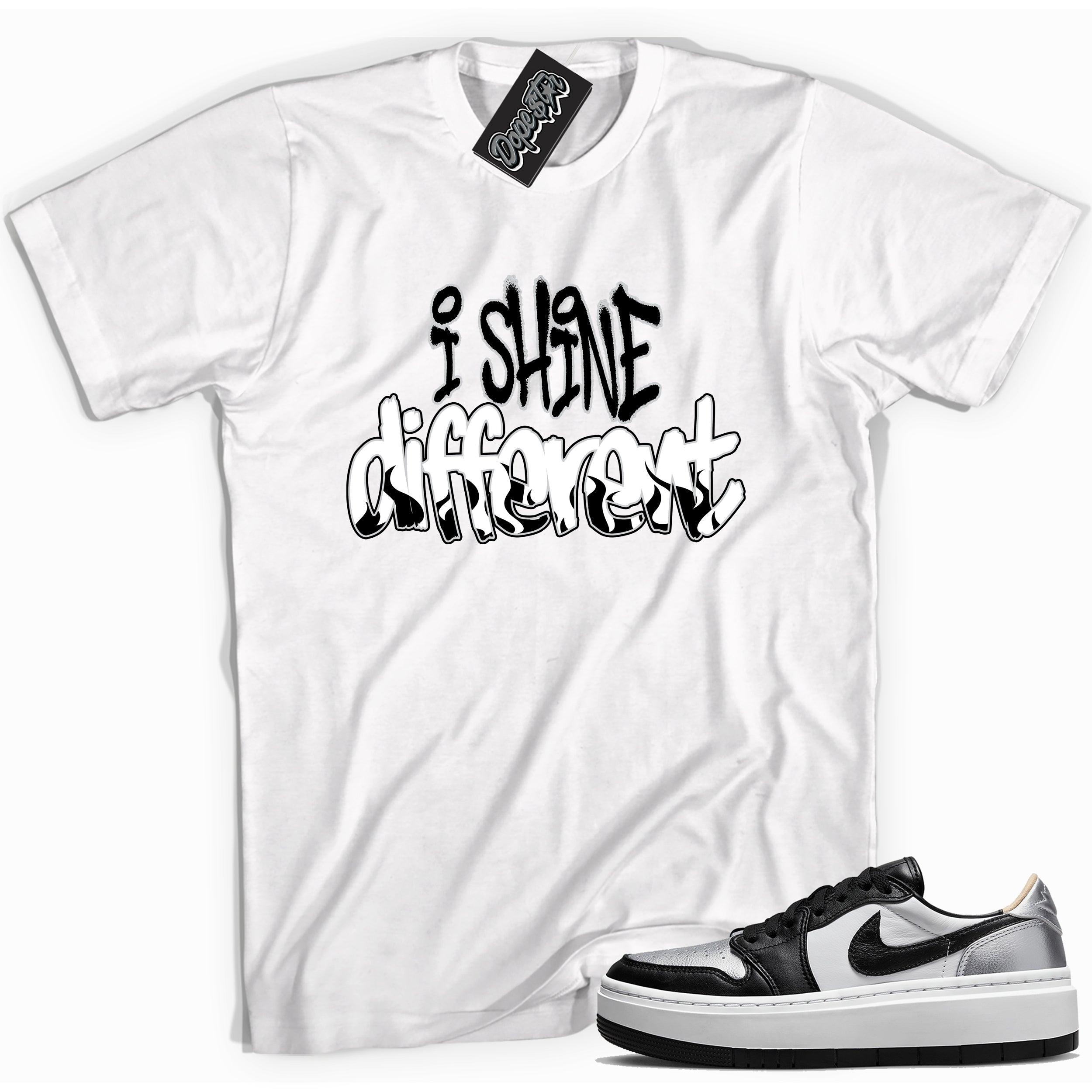Cool white graphic tee with 'i shine different' print, that perfectly matches Air Jordan 1 Elevate Low SE Silver Toe sneakers.